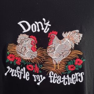 Bon Worth | Black Long Sleeve Top Funny Graphic Embroidered Roosters Large